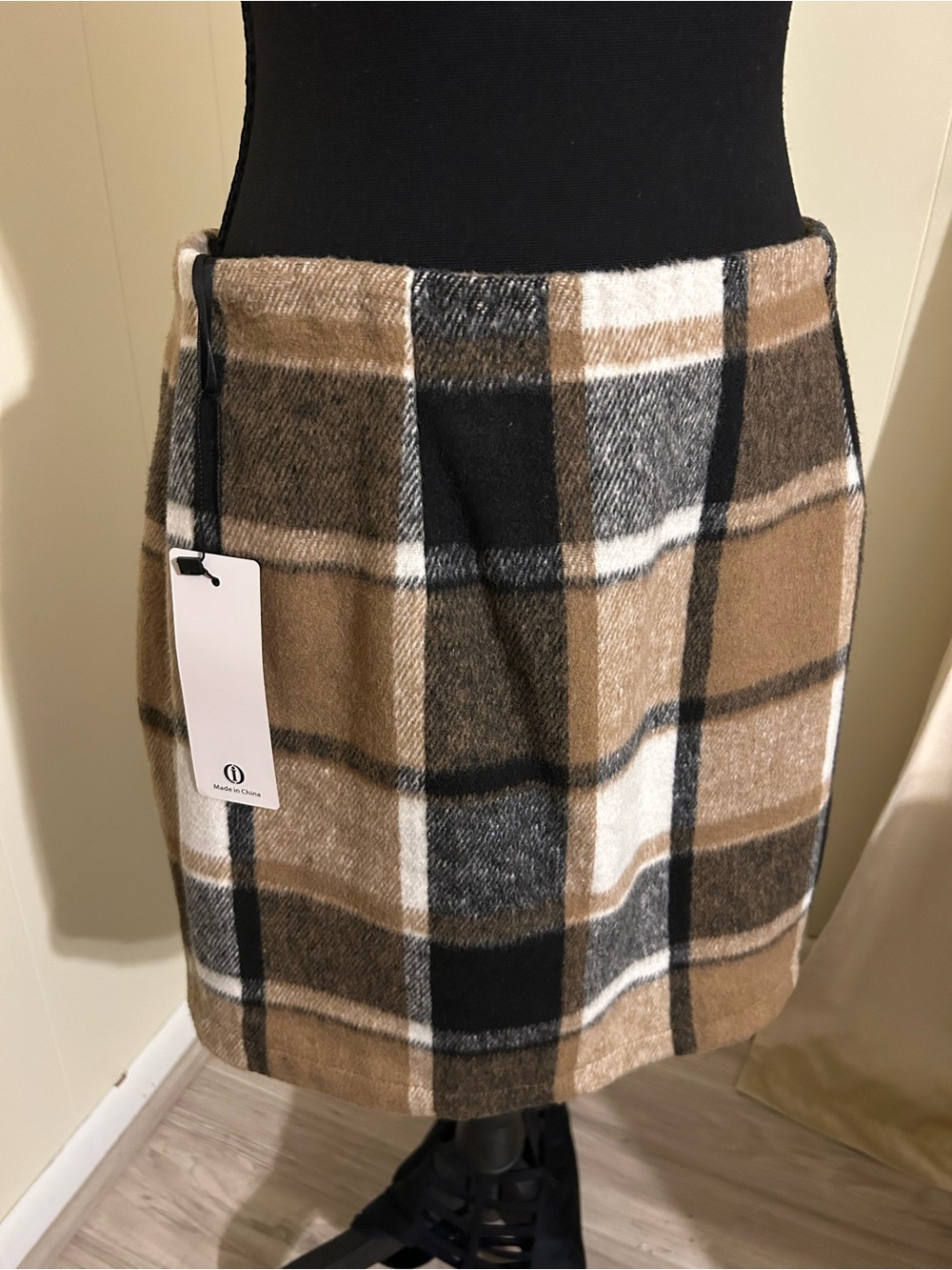 Plaid Wool-Blend Mini Skirt in Brown and Black
